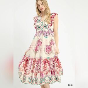 *Last Day * Umgee Boho Boarder Print Ruffle Midi Dress Rayon-Nylon Sundress